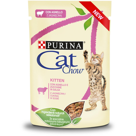 no pork Purina Cat Chow Kitten Food with Lamb and Courgette in Sauce 85g