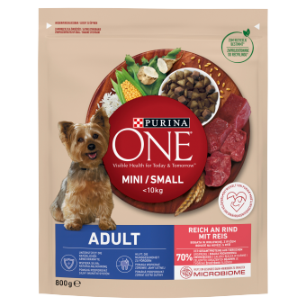 no pork Purina One Mini/Small Adult Dog Food Beef & Rice 800g