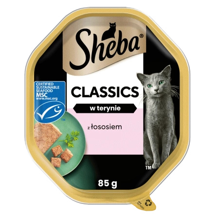 SHEBA Classics tray 85 g – complete wet food for adult cats, with salmon, in gravy