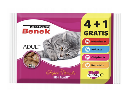 Super Benek Adult Cat Food Pouches 5x100g (4+1 FREE)