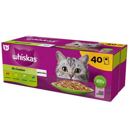 WHISKAS Adult pouches 40 x 85 g Mix of Flavours - wet food for adult cats, in jelly (pieces with: beef, chicken, salmon, tuna)