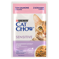 no pork Purina Cat Chow Sensitive Food with Salmon and Courgette in Sauce 85g