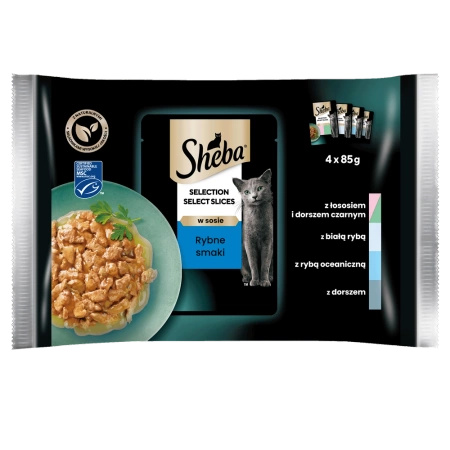SHEBA Selection Select Slices Fish Flavours pouches 4x85 g – complete wet food for adult cats, in sauce (pieces with: salmon and black cod, white fish, ocean fish, cod)