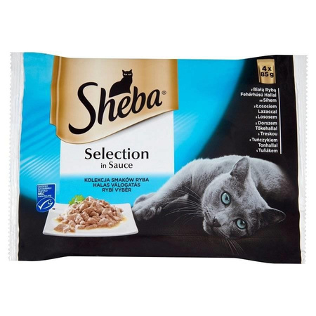 SHEBA Selection Select Slices Fish Flavours pouches 4x85 g – complete wet food for adult cats, in sauce (pieces with: salmon and black cod, white fish, ocean fish, cod)