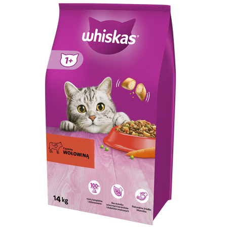no pork WHISKAS Dry Cat Food 1+ with Beef 14kg