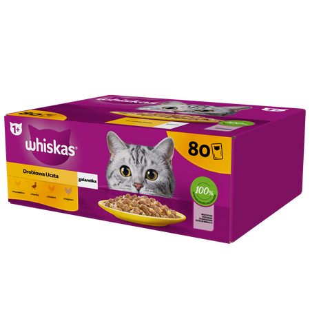 WHISKAS Adult pouch 80 x 85 g Poultry Feast – wet food for adult cats, in jelly (pieces with: chicken, duck, poultry, turkey)