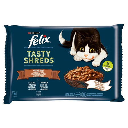 no pork Felix Tasty Shreds Wet Cat Food with Duck and Turkey in Sauce 4x80g