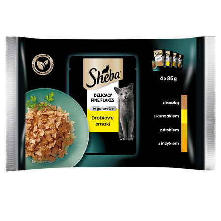 SHEBA Delicacy Fine Flakes Poultry Flavours pouches 4x85 g – complete wet food for adult cats, in jelly (pieces with: duck, chicken, poultry, turkey)