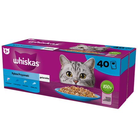 WHISKAS Adult pouches 40 x 85 g Fish Delicacies - wet food for adult cats, in jelly (pieces with: salmon, tuna, cod, white fish)