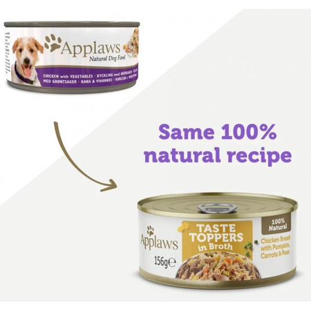 Applaws Taste Toppers Natural Wet Dog Food Chicken with Pumpkin Carrots and Peas in Bouillon 6x156g Can