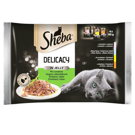SHEBA Delicacy Fine Flakes Selection of Flavours pouches 4x85 g – complete wet food for adult cats, in jelly (pieces with: salmon, white fish, chicken, turkey)