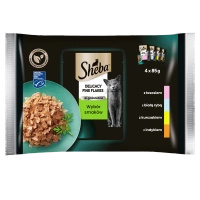 SHEBA Delicacy Fine Flakes Selection of Flavors pouches 4x85 g – complete wet food for adult cats, in jelly (pieces with: salmon, white fish, chicken, turkey)
