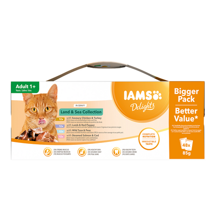 IAMS- Delights sachet food for adult cats - with choice of meat and fish food in sauce 40x85g