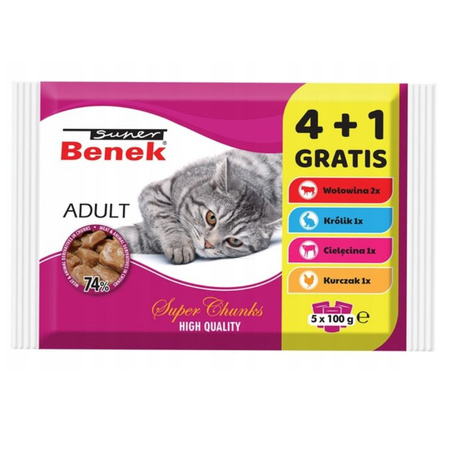 Super Benek Adult Cat Food Pouches 5x100g (4+1 FREE)