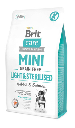 no pork Brit Care Mini Grain Free Light & Sterilised with Rabbit & Salmon 2kg