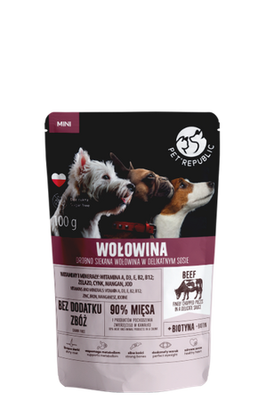 no pork PetRepublic Mini Finely Chopped Pieces in Delicate Beef Sauce 12x100g