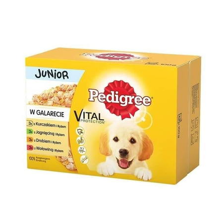 Pedigree Wet Food for Puppies Mixed Flavors Chicken with Rice, Lamb with Rice, Poultry with Rice, and Beef with Rice in Jelly 12x100g