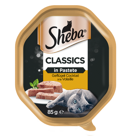  SHEBA Classics tray 85 g – complete wet food for adult cats, poultry cocktail, in jelly