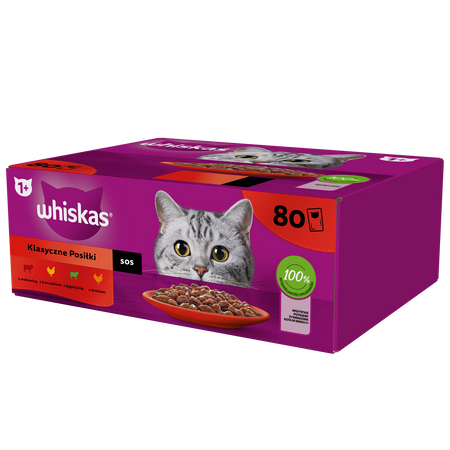 WHISKAS Adult pouches 80 x 85 g Classic Meals – wet food for adult cats, in sauce (pieces with: beef, chicken, lamb, poultry)