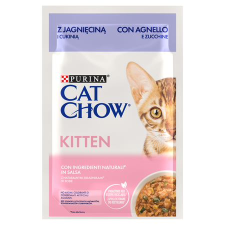 no pork Purina Cat Chow Kitten Food with Lamb and Courgette in Sauce 85g