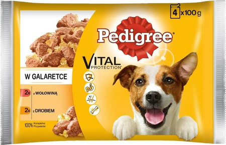 Pedigree Wet Food for Adult Dogs in Jelly (with Beef, with Poultry) 4x100g