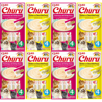 INABA Churu cat treats with tuna and shrimp flavour 4x(4x14g)+INABA Churu cat treats with chicken, cheese and beef flavour 4x(4x14g)