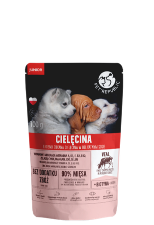 no pork PetRepublic Junior Finely Chopped Pieces in Delicate Veal Sauce 12x100g