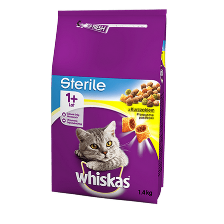 no pork WHISKAS Sterile Dry Cat Food 1+ After Sterilization with Chicken 1.4kg