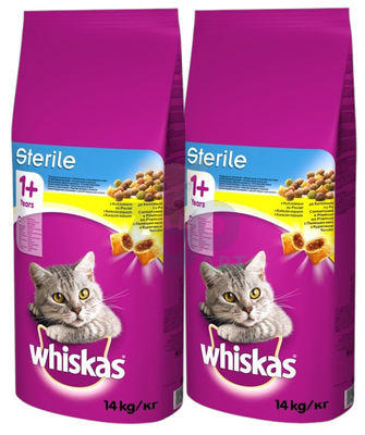 no pork WHISKAS Dry Cat Food 1+ Sterile with Chicken 2x14kg