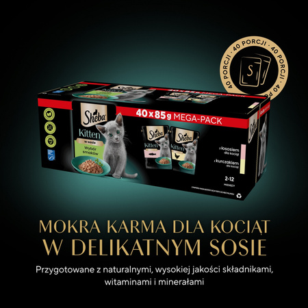 SHEBA Kitten flavour packet 40x85 g - complete wet food for kittens in sauce (cuts with: salmon, chicken)