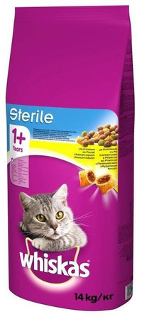 no pork WHISKAS Dry Cat Food 1+ Sterile with Chicken 2x14kg