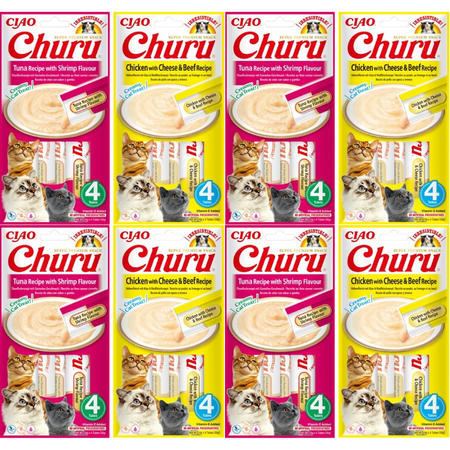 INABA Churu cat treats with tuna and shrimp flavour 4x(4x14g)+INABA Churu cat treats with chicken, cheese and beef flavour 4x(4x14g)