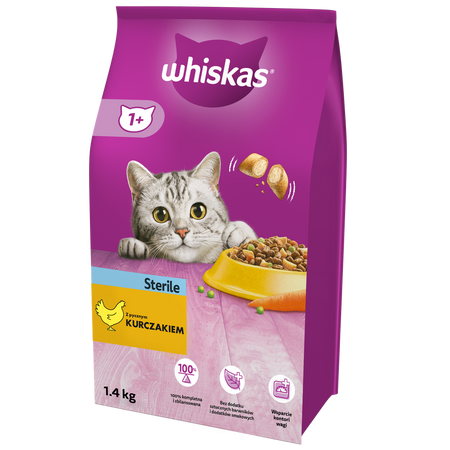 no pork WHISKAS Sterile Dry Cat Food 1+ After Sterilization with Chicken 1.4kg