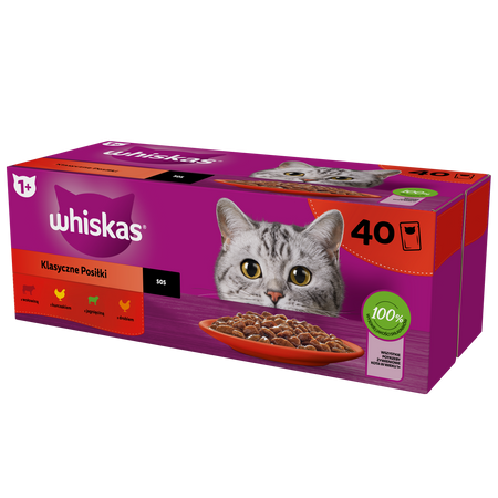 WHISKAS Adult pouches 40 x 85 g Classic Meals – wet food for adult cats, in sauce (pieces with: beef, chicken, lamb, poultry)