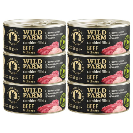 WILD FARM Fillets Beef&Chicken 6x70g - grain-free wet cat food, fillet in broth