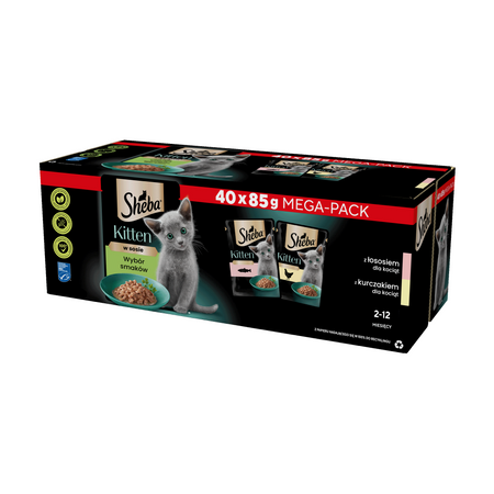 SHEBA Kitten flavour packet 40x85 g - complete wet food for kittens in sauce (cuts with: salmon, chicken)