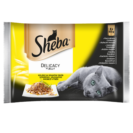 SHEBA Delicacy Fine Flakes Poultry Flavours pouches 4x85 g – complete wet food for adult cats, in jelly (pieces with: duck, chicken, poultry, turkey)