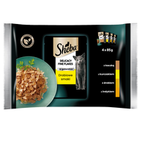 SHEBA Delicacy Fine Flakes Poultry Flavors pouches 4x85 g – complete wet food for adult cats, in jelly (pieces with: duck, chicken, poultry, turkey)